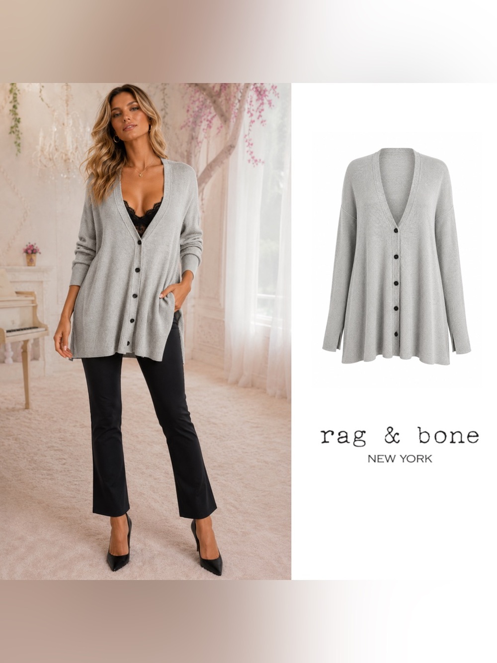 NEW Rag & Bone 100% Cashmere Alexandra Ribbed Cardigan in Gray